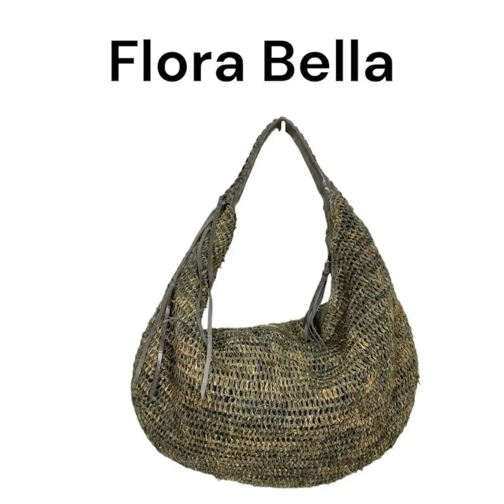 NEW Flora Bella tan green  raffia leather boho hobo shoulder bag
